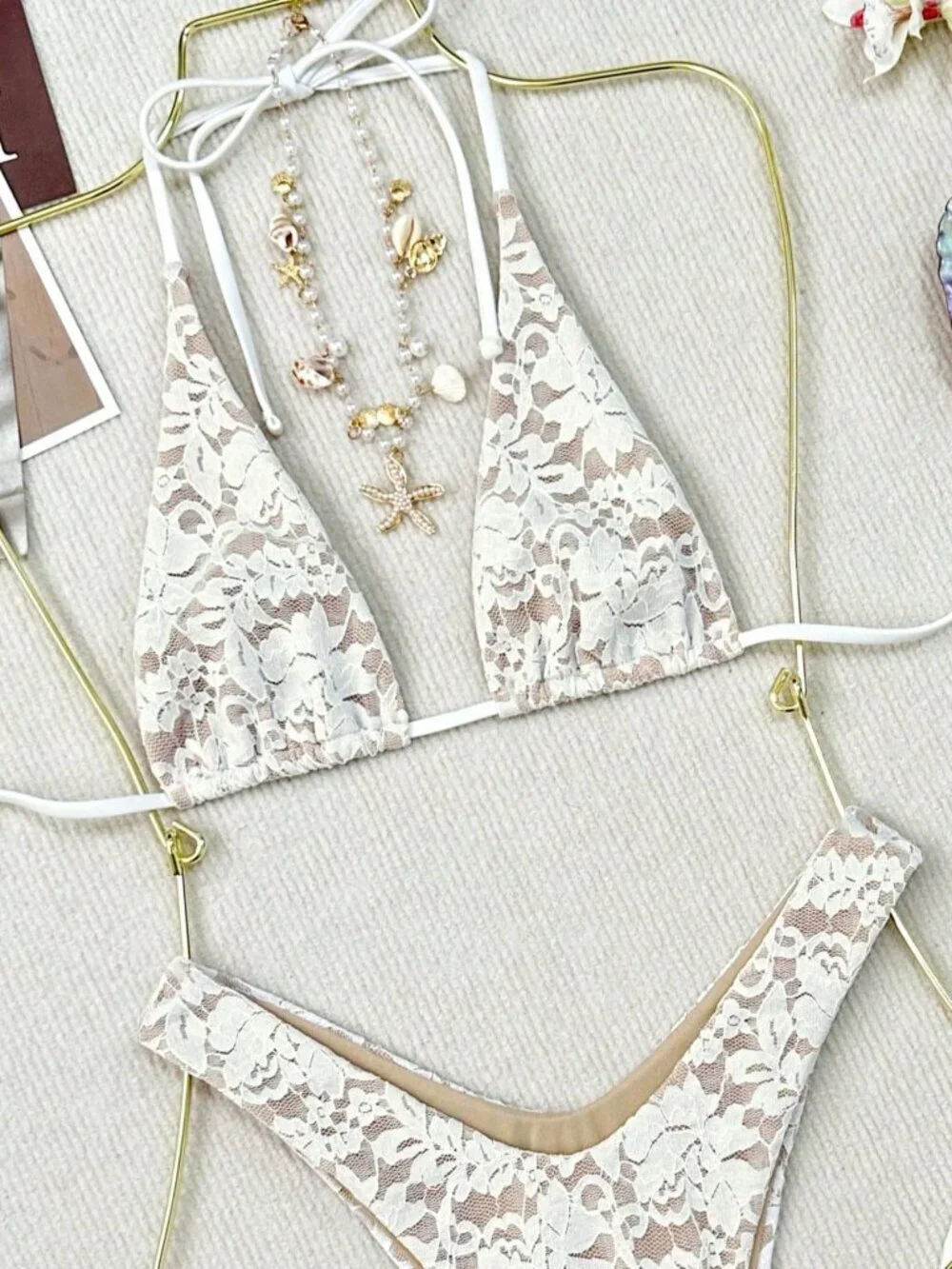 White lace 3exy Womens 3-Piece bikini Beach Set Panty Mesh Sarong Skirt
